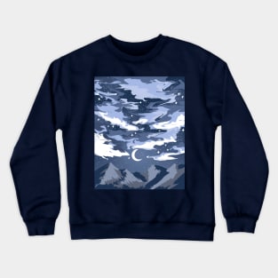 Blue cloudy sky above mountains with a crescent moon Crewneck Sweatshirt